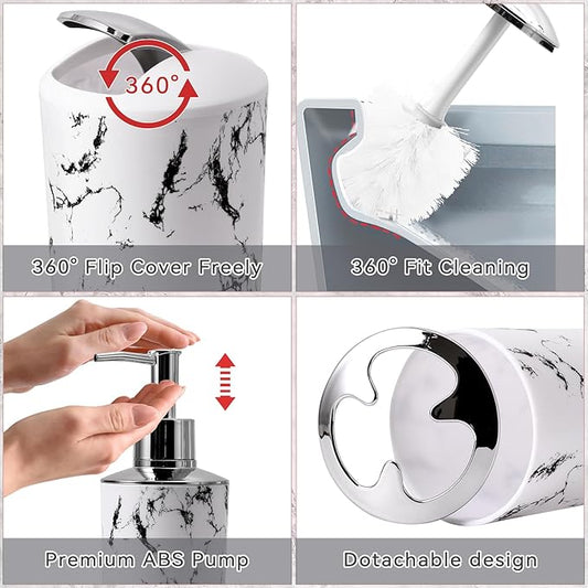 XLHOMO White Marble Bathroom Accessories Set, White Bathroom Set with Trash Can, Vanity Tray, Soap Dispenser, Soap Dish, Toothbrush Holder, Toothbrush Cup, Toilet Brush and Qtip Holders for Bathroom