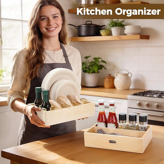 Utensil Holder for Party,Paper Plate Holders,Wood Silverware Organizer for Kitchen Countertop,Silverware Caddy,Essentials for Parties,Cutlery Flatware Organizer for Spoons Forks Napkins Cup,Set of 2