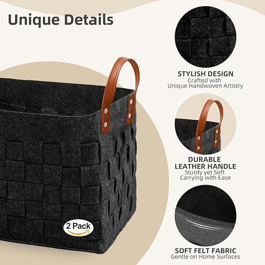 boldmonkey Laundry Basket 15 " x13 x11 2 Pack, Large Rectangular Blanket Basket with Leather Handle, Felt Storage Basket for Living Room, Nursery, Dog Toys-Dark Gray