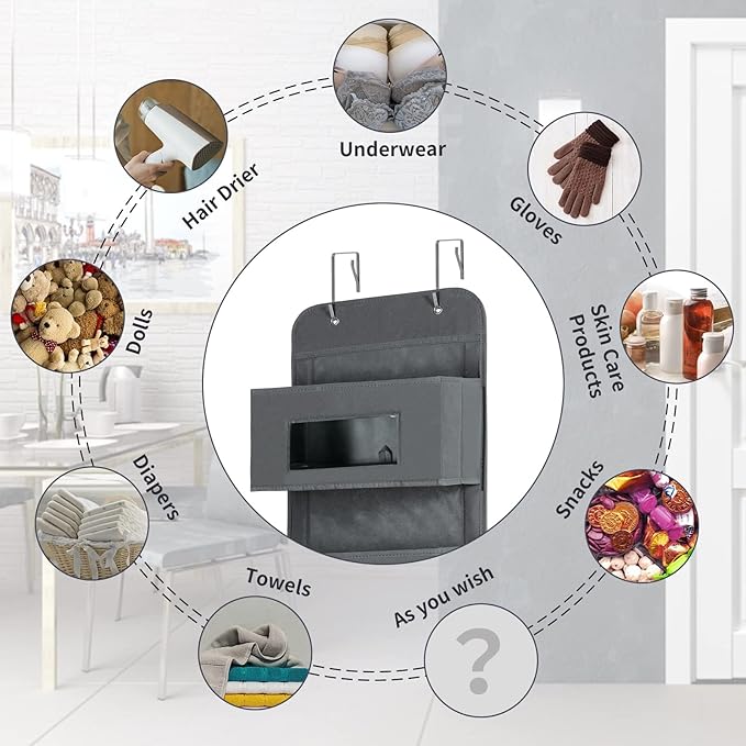 MAX Houser 5-Shelf Over The Door Hanging Organizer with 2 Metal Hooks, 5 Pocket Over The Door Wall Mount Storage with Clear Windows for Baby Nursery Bathroom Closet,Bedroom,Dorm,Diapers,Kids Toy(Gray)