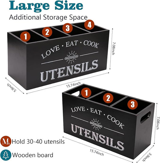 2 Pack Utensil Holder, 6.7"+6.18" Wooden Utensil Holder for Kitchen Countertop, Large Wood Utensil Organizer with Partition for Silverware and Cooking Storage, Farmhouse Kitchen Decor