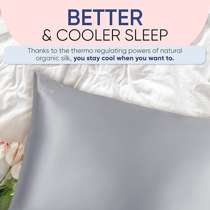 Blissy Silk Pillowcase - 100% Pure Mulberry Silk - 22 Momme 6A High-Grade Fibers - Silk Pillow Cover for Hair & Skin - Regular, Queen & King (Silver, King)