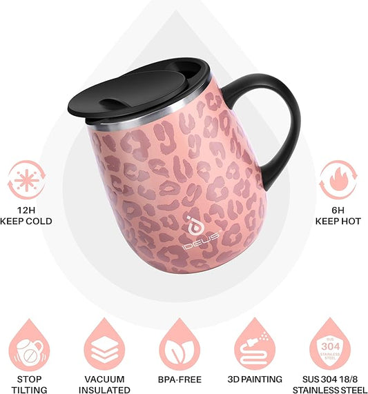 Ideus 16 oz (470 ml) Insulated Coffee Mug with Handle and Lid, Double Wall Stainless Steel Vacuum Thermal Coffee Mug, Travel Coffee Cup Thermal Cup for Home and Office, Leopard Pink