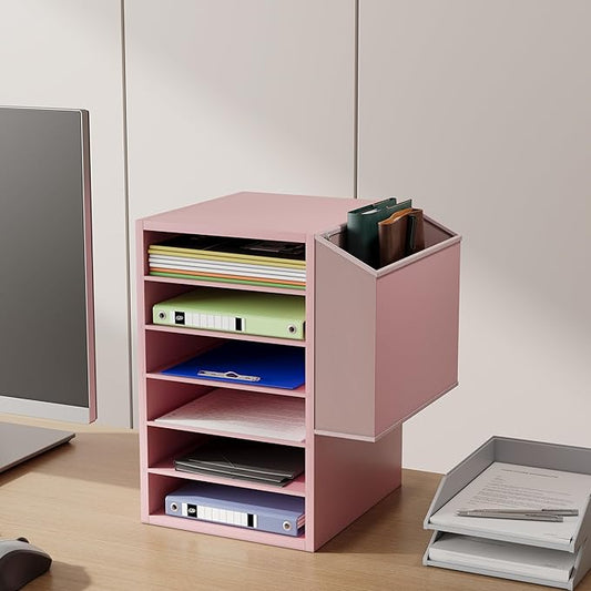 Unionly 6 Tier Adjustable Countertop Mail Sorter, Mailboxes With Name Slots, Literature Organization Paper Storage Slot, Office Desk File Organizer, Wooden Desktop Mailbox for Classroom(Pink, 6 Slots)