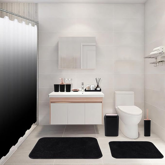 XLHOMO Bathroom Accessory Set–Bathroom Set with Shower Curtain and Rugs, No Slip Bathroom Rugs Super Absorbent, Black Ombre Water-Proof Shower Curtain with Hooks,Black Bathroom Sets Complete for Home