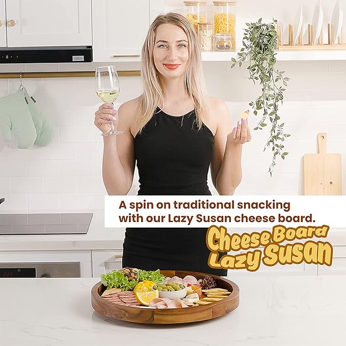 16" Acacia Wood Lazy Susan for Table Top - Wooden Turntable Serving Tray for Charcuterie Boards Cheese Board - Extra Large Black Round Lazy Susan Organizer - Kitchen Revolution for Cabinet