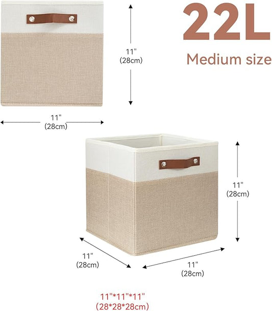 SNWDN 6 Pack Fabric Storage Baskets for Organizing Collapsible Fabric Storage Bins with Handles for Home and Office Organizing (White/Beige 11x11x11 Inches)
