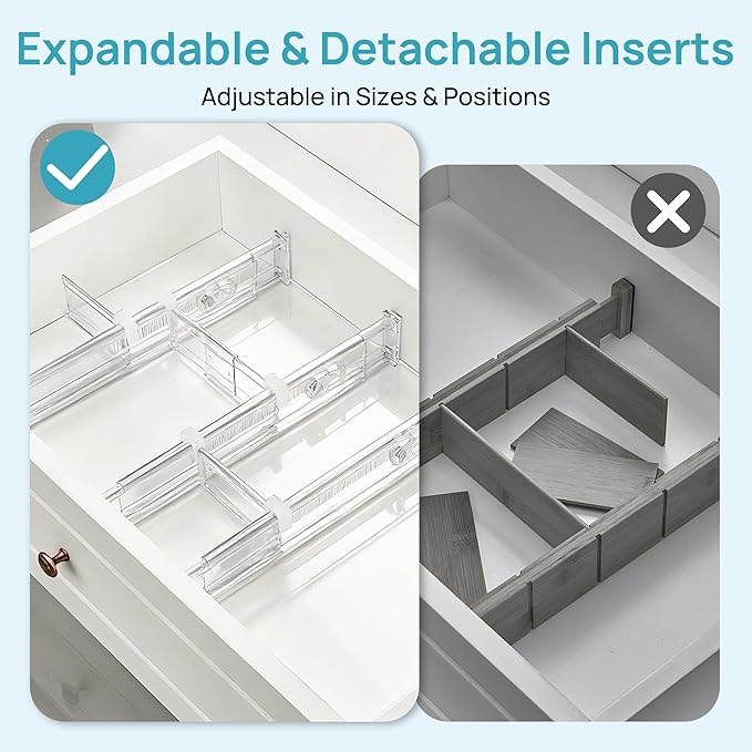 Vtopmart 2.36” Drawer Dividers with Expandable Inserts, 12.8"-22.3" Adjustable Kitchen Drawer Organizer, Clear Plastic Organizer Separator for Flatware, Utensil, Cutlery, 8 Dividers with 14 Inserts