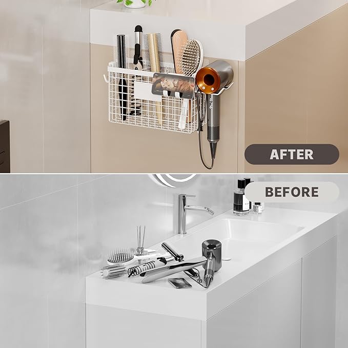 Magheo Hair Dryer Holder Cabinet Door 3-in-1 Adhesive Hair Tool Organizer Wall Mounted Adjustable Height Blow Dryer Holder Under Sink Bathroom Hair Appliance Organizer and Storage Countertop(White)