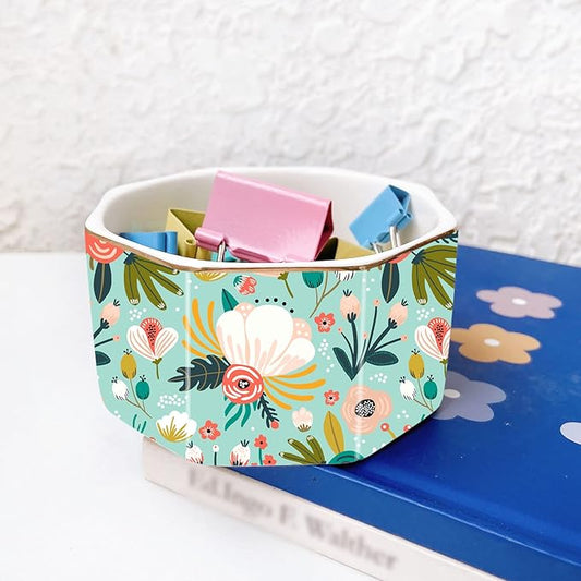 LEAZUL Ceramic Paper Clip Holder Gold Line Paper Clip Dispenser Organizer for Desk Cute Floral Pattern Office Binder Clip Holder Bobby Pin and Hair Clip Holder Gift for Office Mint Flowers