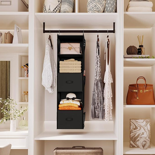 YOUDENOVA Hanging Closet Organizer, 5 Tier Hanging Closet Shelves with Drawers and 6 Side Pockets, Black