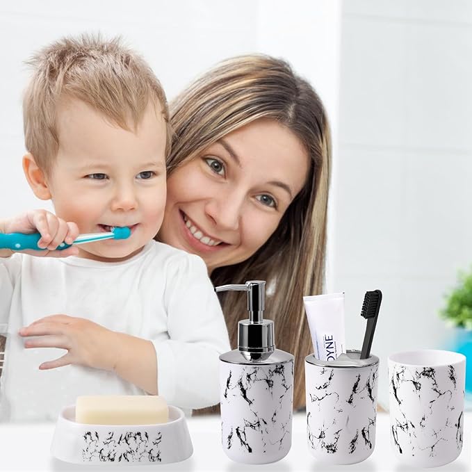 XLHOMO White Marble Bathroom Accessories Set, White Bathroom Set with Trash Can, Vanity Tray, Soap Dispenser, Soap Dish, Toothbrush Holder, Toothbrush Cup, Toilet Brush and Qtip Holders for Bathroom