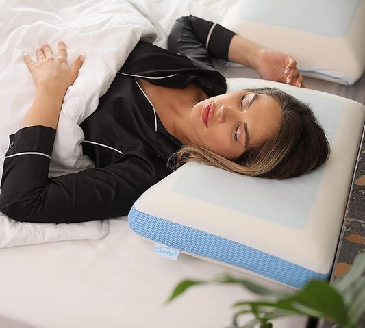 Comfyt Cervical Pillow Cooling Orthopedic Memory Foam Pillows for Back Stomach Side Sleeper - Sleeping Travel Neck Gusseted Bed Pillow Gel Layer Provides Coolness Removable Washable Cover
