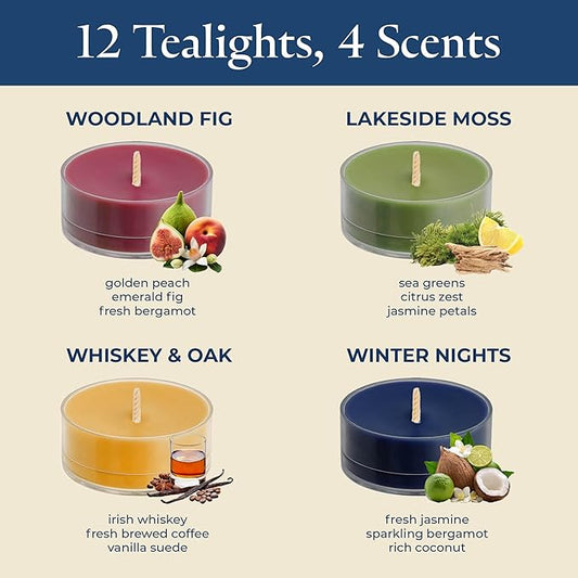 PartyLite Set of 12 Tea Lights Sampler Candles, Aromatherapy Holiday Hideaway Scented Candles Gift Set, Up to 4 to 6 Hours Burn Time