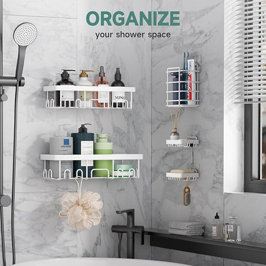Veken Adhesive Shower Caddy 5-Pack,Heavy Weight Bearing,Large Wall Mounted Shower Shelves Rack,Organizer Storage Accessories with Soap Dish&Toothbrush Holder,Ideal for Bathroom,Home&Kitchen,White