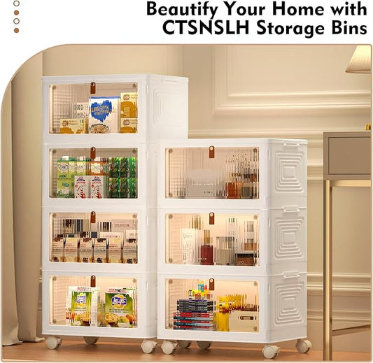 CTSNSLH 4 Tier Plastic Storage Bins and Boxes Organizer - Stackable with Lids for Bedroom, Living Room, Office - Foldable Containers