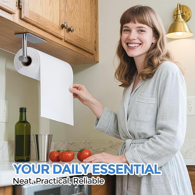 zaa Paper Towel Holder - 2 Pack Under Cabinet Paper Towel Holder, Fits Mega Paper Towel Rolls, Wall Mount Rack for Kitchen, Bathroom, RV, Adhesive or Screw Installation, Silver