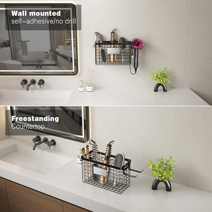 Voldra Hair Dryer Holder Cabinet Door, Adhesive Hair Tool Organizer Wall Mount Adjustable Height Blow Dryer Holder Under Sink/Countertop for Flat Curling Iron, Hair Brush and Straightener (1, Black)