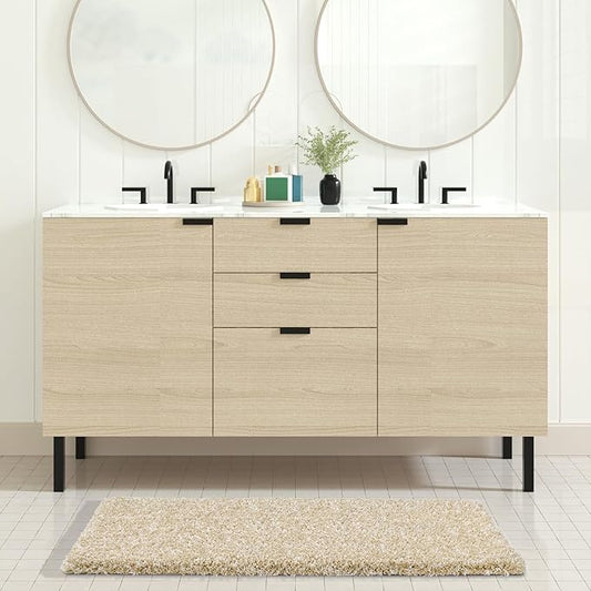 Yimobra Fluffy Plush Bath Rug, Shaggy Soft Comfortable Non Slip, Water Absorbent Microfiber Bath Mat, Dry Quick, Machine Washable Thick Bathroom Floor Rugs for Shower, 44"x 24", Light Beige and White