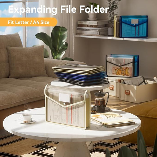 ABC life 6 Pack Plastic Expanding File Folder, Transparent envelopes with Snap Closure, No Dividers, Large Capacity, Assorted Colors, Fit Letter/A4 Size (Black+Blue+Tea Grey)