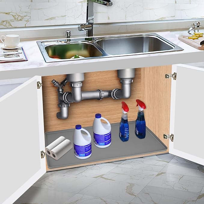 BEESVO Under Sink Mats for Kitchen Waterproof, 28" x 22" Silicone Under Sink Liner Kitchen & Bathroom Cabinet Protector Mat, Heavy Duty Flexible Under Sink Drip Tray with Lip, Cool Grey