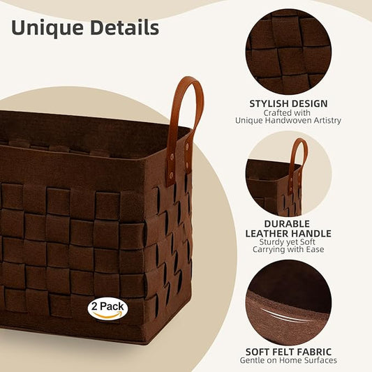 boldmonkey Laundry Basket 15 " x13 x11 2 Pack, Large Rectangular Felt Fabric Blanket Basket with Leather Handle, Dirt Clothes Laundry Hamper for Babies, Dogs and Living Room-Brown