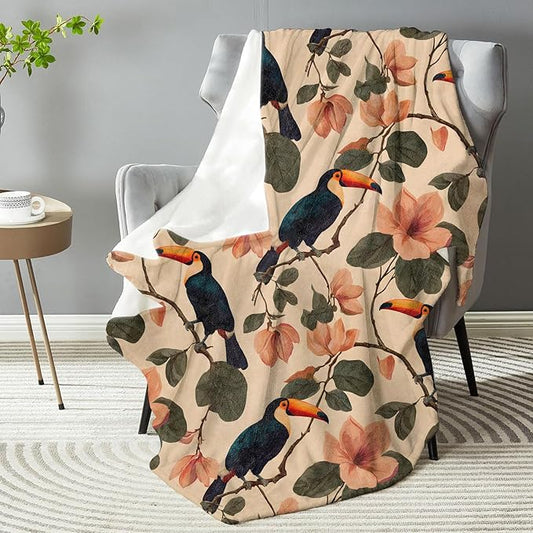 Toucan & Floral Blanket - Plush, Soft, Comfy, Lightweight, Warm, Fuzzy, Cozy Flannel Throw Blanket for Couch, Travel, Bed, Office, Outdoor - 60in×80in