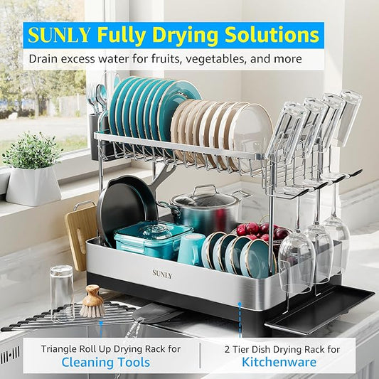 SUNLY 2 Tier Dish Drying Rack, Extra Large Dish Rack, Multifunctional Large Dish Drainers for Kitchen Counter, 304 Stainless Steel Kitchen Drying Rack, Bowl Drying Rack, Extendable Drain Spout, Black