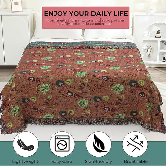 Boho Fall Throw Blanket for Bed,100% Ultra Cotton Soft Breathable Bed Throw Floral Printed Farmhouse Decor Rustic Bed Throws for Couch Sofa Quilt 80" x 90"