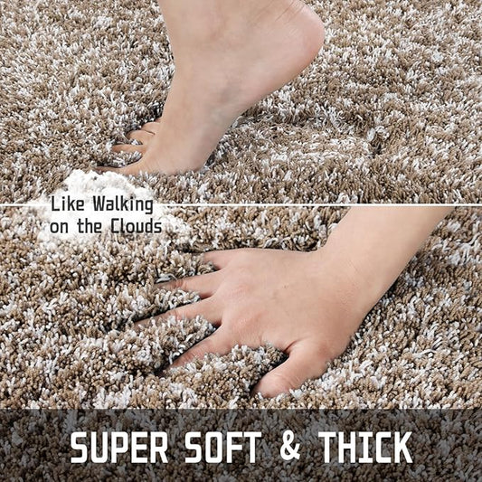 Yimobra Fluffy Plush Bath Rug, Shaggy Soft Comfortable Non Slip, Water Absorbent Microfiber Bath Mat, Dry Quick, Machine Washable Thick Bathroom Floor Rugs for Shower, 44"x 24", Light Brown and White
