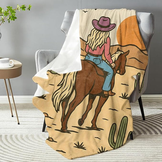 Western Cowgirl Desert Sunset Blanket, Soft Lightweight Warm Cozy Flannel 50×40 inch Horse Rider Throw Blanket for Couch, Travel, Bed, Outdoor, Gifts for Women Girls Adults Kids