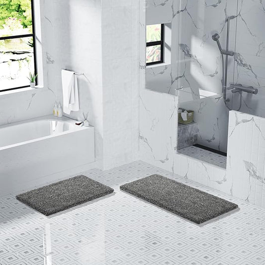 Yimobra Luxury Bathroom Rugs, Fluffy Bath Mats, Non Slip, Water Absorbent Microfiber, Machine Washable, Plush Shower Rugs, Thick Matts for Bathroom Floor/Tub, 44"x 24", Light Gray and Black Gray