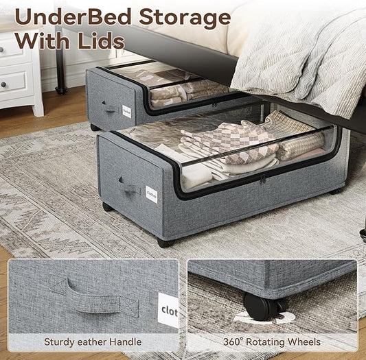 VicHomey Under Bed Storage With Wheels, Tall Under The Bed Storage, Underbed Storage Containers With Lids, Metal Frame, 90L Capacity, Large Size