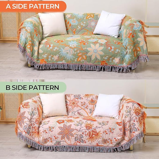 Boho Throw Blanket for Bed-Soft Cotton Rustic Quilt 80"×90",Floral Printed Farmhouse Decor Muslin Bed Blankets for Sofa Couch Chair, Seasons