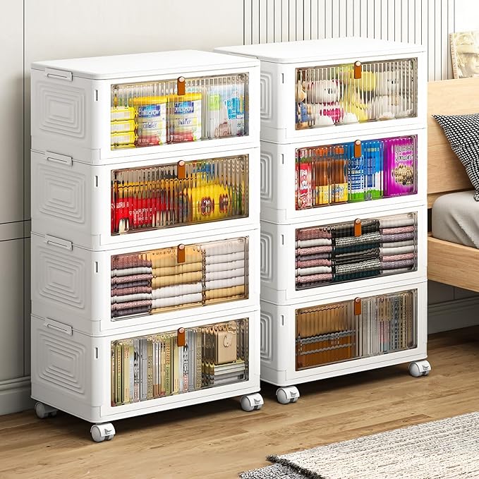 YFXCVSL 4 Tier Plastic Storage Bins with Lid 35QT, Stackable Storage Containers with Wheels, Folding Boxes, Collapsible Bins, Closet Organizers and for Living Room,Office,Dorm