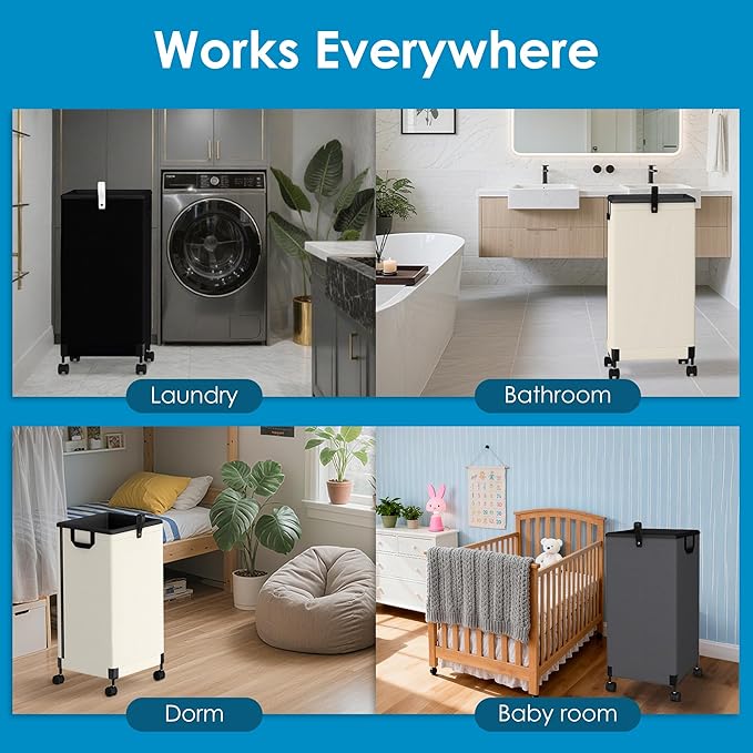 Laundry Basket with Wheels 105L, Large Rolling Laundry Hamper with Removable Bag, Metal Frame Collapsible Dirty Clothes Bin, Cloth Organizer Hampers Pull Handle for Bathroom, Dorm, Bedroom White