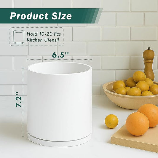 D'vine Dev 360° Rotating Utensil Holder – 7.2" Kitchen Utensil Crock for Countertop, Modern Cooking Tool Organizer for Kitchen Storage & Décor, White, 72-X-A-2