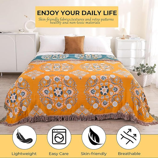 Boho Throw Blanket for Bed,100% Cotton Ultra Soft Lightweight Muslin 4-Layer Breathable Woven Throws 90''x 98'' Blanket Yellow Floral Printed Farmhouse Decor Bed Blankets