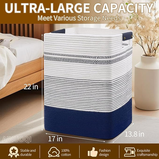 Large Laundry Basket - Tall Woven Rope Laundry Hamper with Leather Handles - Dirty Clothes hamper for Living room, Bedroom, 17.8" X 13.8" X 22", Dark Blue & White