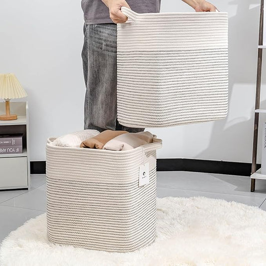 Laughbird Storage Baskets for Clothes Fabric Cotton Rope Storage Basket with Handles, Decorative Woven Basket for Living Room,Closet Organizer Blankets, and 2bags (White/Black Line, L16×W11.4×H15.9)