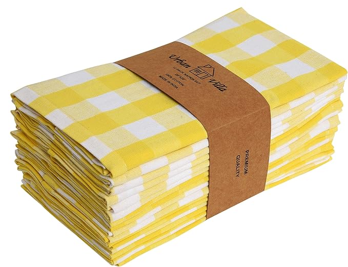 Urban Villa Cloth Napkins Set of 12 20x20 Inches 100% Cotton Napkins Cloth Washable Soft Durable Reusable Absorbent Table Dinner Napkins Cloth for Hotel Lunch Restaurant Weddings Parties-Yellow White