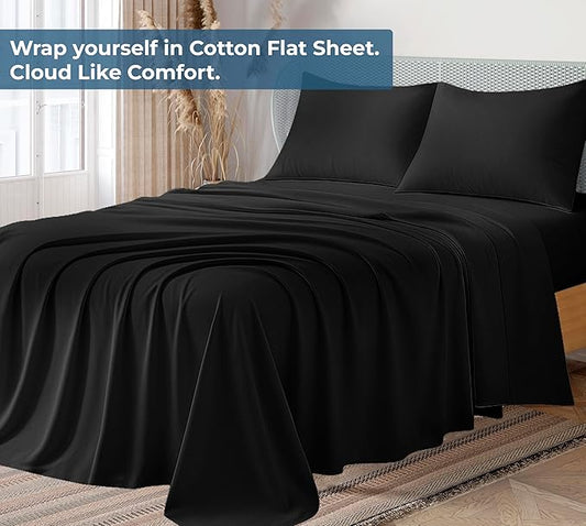 Royale Linens 100% Organic Cotton Queen Flat Sheet Only - Super Soft - Percale Top Sheets - Queen Flat Sheet Sold Separately - Breathable, Cool & Crisp Black Sheets Only (90" x 102", Black)