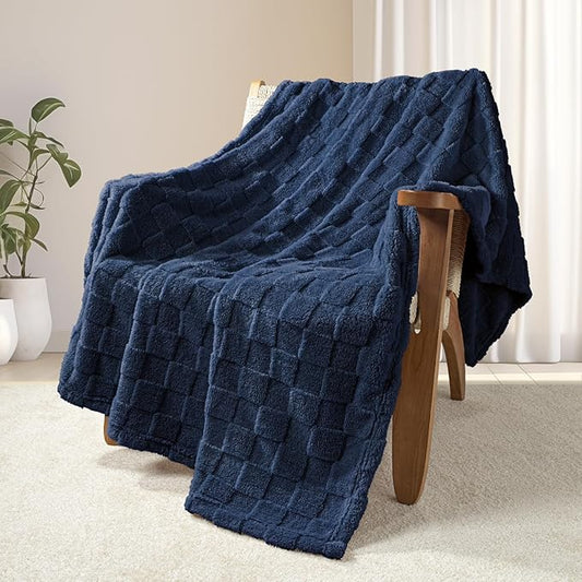 Exclusivo Mezcla Fleece Throw Blanket for Couch,Super Soft and Warm Lightweight Checkered Pattern Blankets for All Seasons, 50x60 Inches, Navy Blue