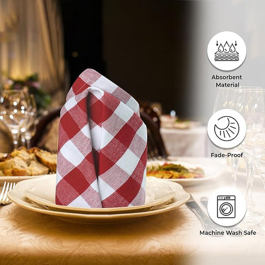 Urban Villa Cloth Napkins Set of 12 20x20 Inches 100% Cotton Napkins Cloth Washable Durable Reusable Absorbent Table Dinner Napkins Cloth for Farmhouse Party Hotel Lunch Restaurant Napkins - Red White