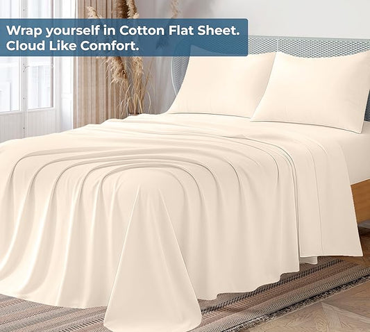 Royale Linen 100% Organic Cotton California King Flat Sheet Only - Super Soft - Percale Top Sheets - California King Flat Sheet Sold Separately - Cool & Crisp White Sheets Only (108" x102", Cream)