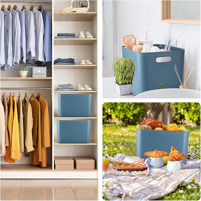 Hoolerry 8 Pieces Colorful Storage Bins with Lid, Plastic Storage Basket Organizing Container Stackable Box with Handle for Shelves Desktop Playroom Office(14.2 x 10.2 x 9.5 Inch,Blue)