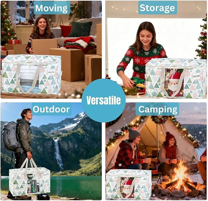 VENO 6 Pack Moving Bags, Large Christmas Storage Bins with lids, Packing Supplies for College, Alternative to Moving Boxes, Foldable, Heavy-Duty Tote, Christmas Pattern (Pastel Forest, 6 Pack)