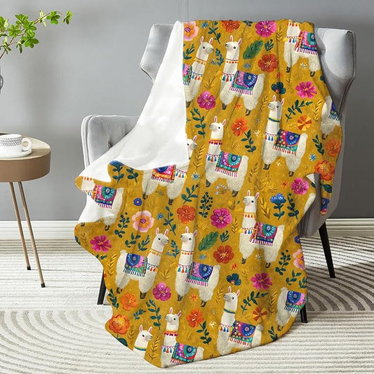Colorful Llama & Floral Blanket - Plush, Soft, Comfy, Lightweight, Warm, Fuzzy, Cozy Flannel Throw Blanket for Couch, Travel, Bed, Office, Outdoor - 60in×80in