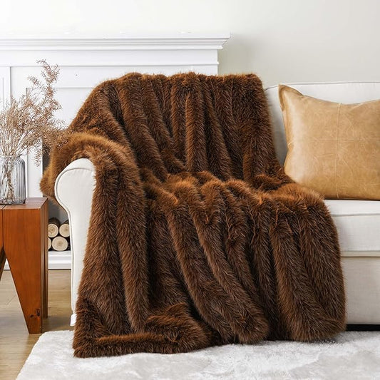 BATTILO HOME Luxury Fluffy Faux Fur Throw Blanket, Golden Brown Faux Fur Blanket for Couch, Sofa, Chair, Bed, Furry Silky Fur Throws with Long Pile, 50"x60"