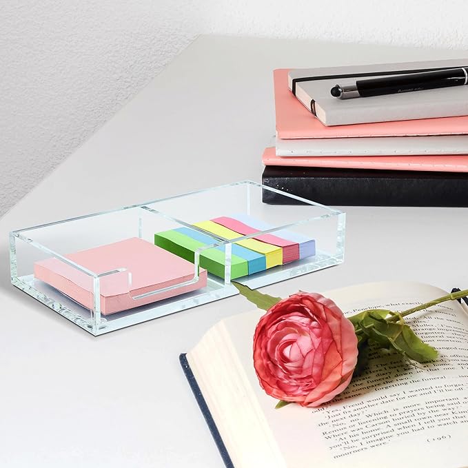 WORHE Sticky Note Holder 2 In 1, Clear Acrylic Memo Pad Holders for Desk Organization School Office Home, Post Pop Notes Dispenser for 3"X3" Note Pads (BQ210)